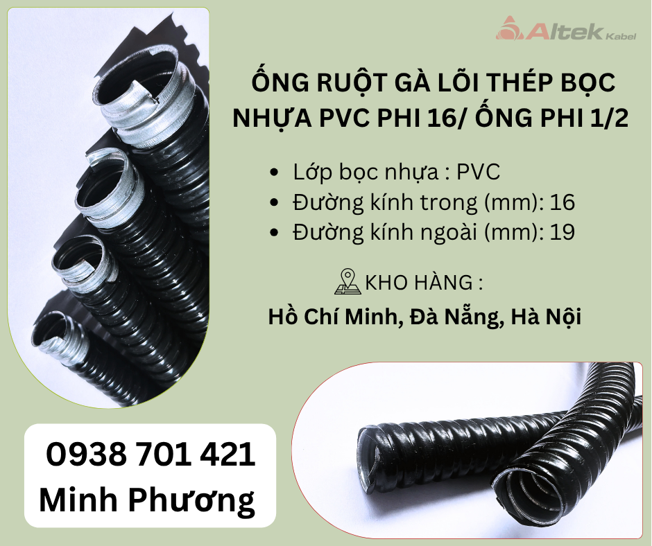 Ống ruột gà lõi thép bọc nhựa PVC phi 16/ Ống phi 1/2 Đà Nẵng, Hà Nội, Hồ Chí Mi